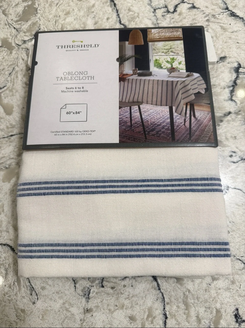 Threshold White Ivory and Blue Striped Tablecloth Oblong, Size 60x84, NWT
